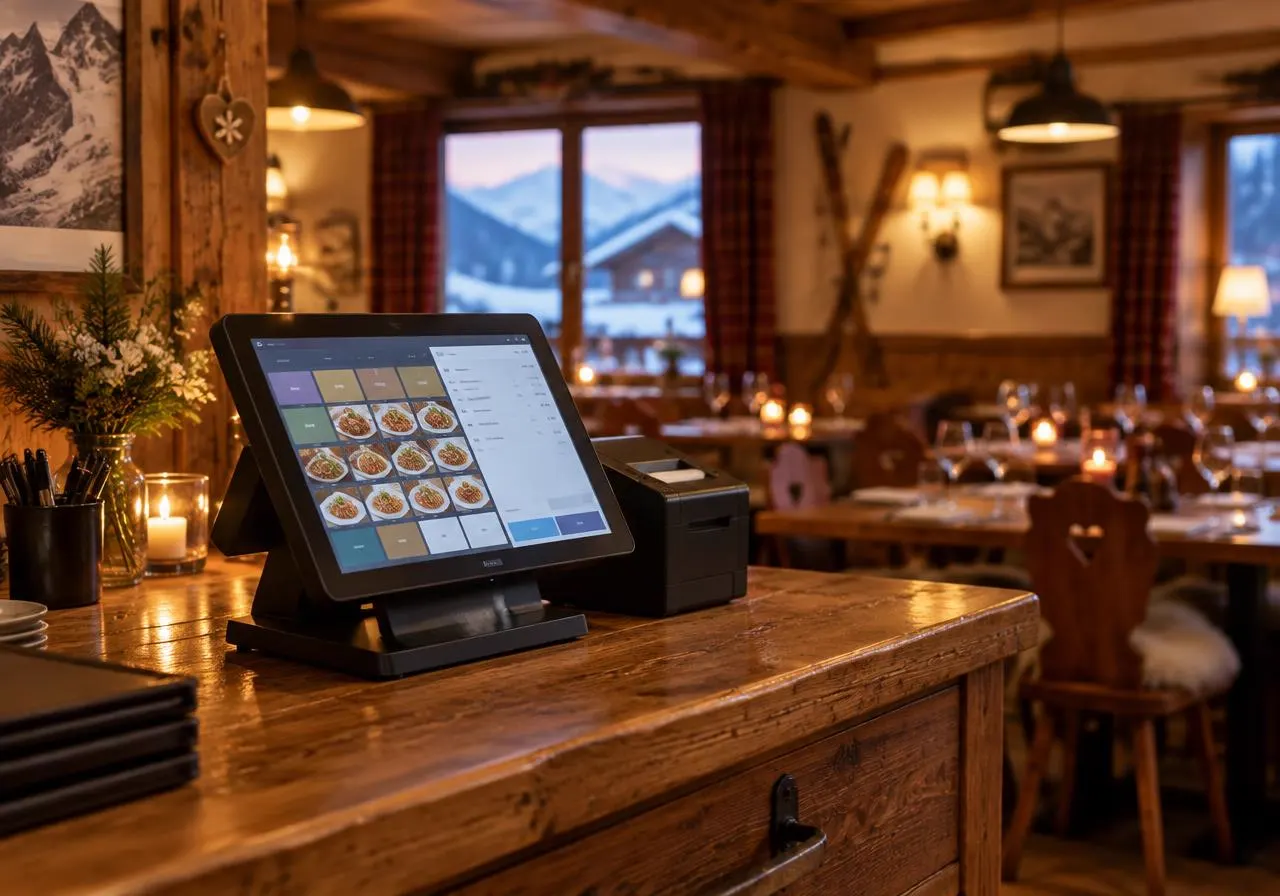 Caisse tactile posée sur le comptoir en bois d'un restaurant de montagne en Haute-Savoie