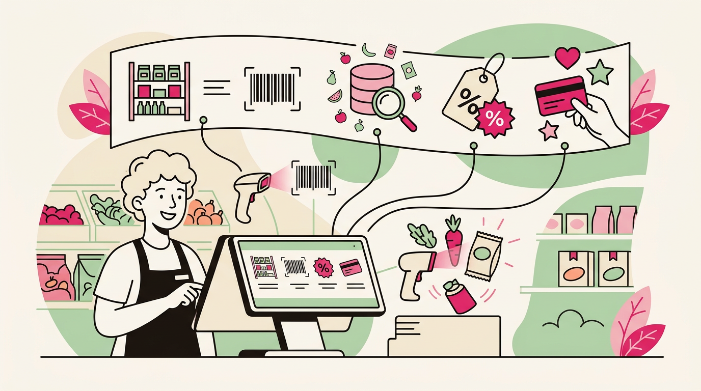 Illustration cartoon, Caisse tactile pour épicerie : les fonctionnalités indispensables