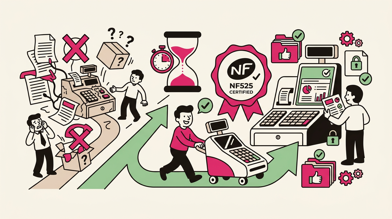 Illustration cartoon, Certification NF525 : ce que change la réglementation pour votre logiciel de caisse