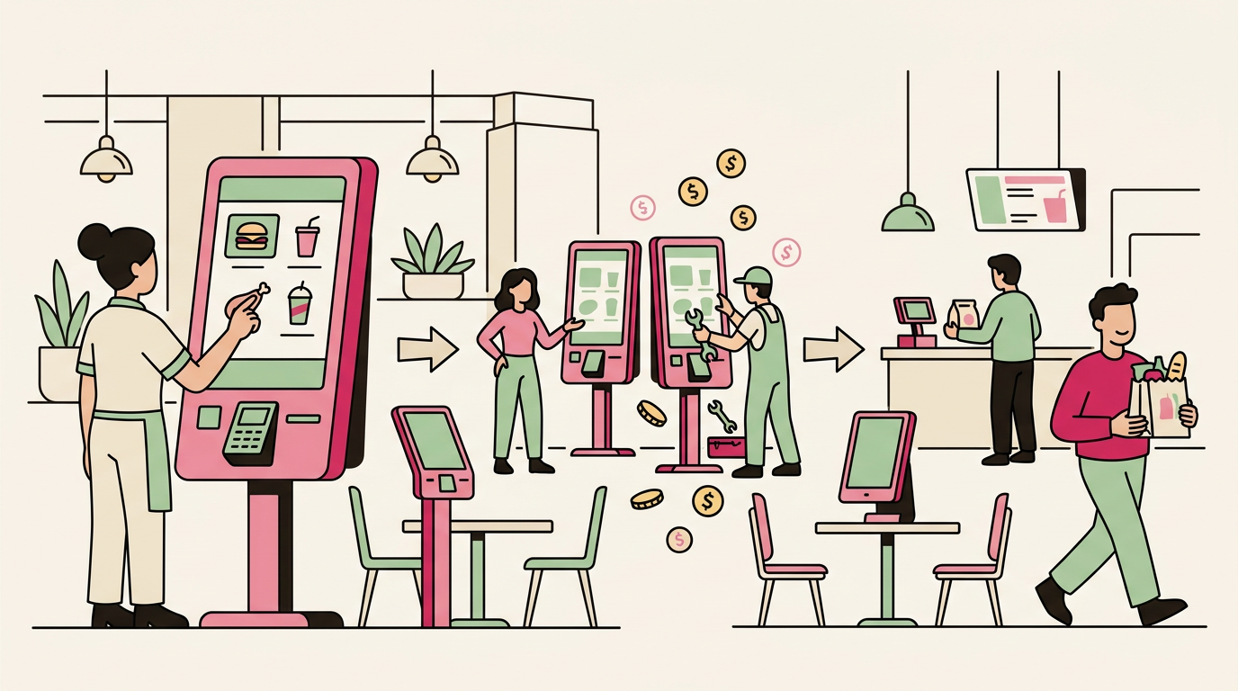 Illustration cartoon, Installation de bornes de commande pour restaurant : guide complet