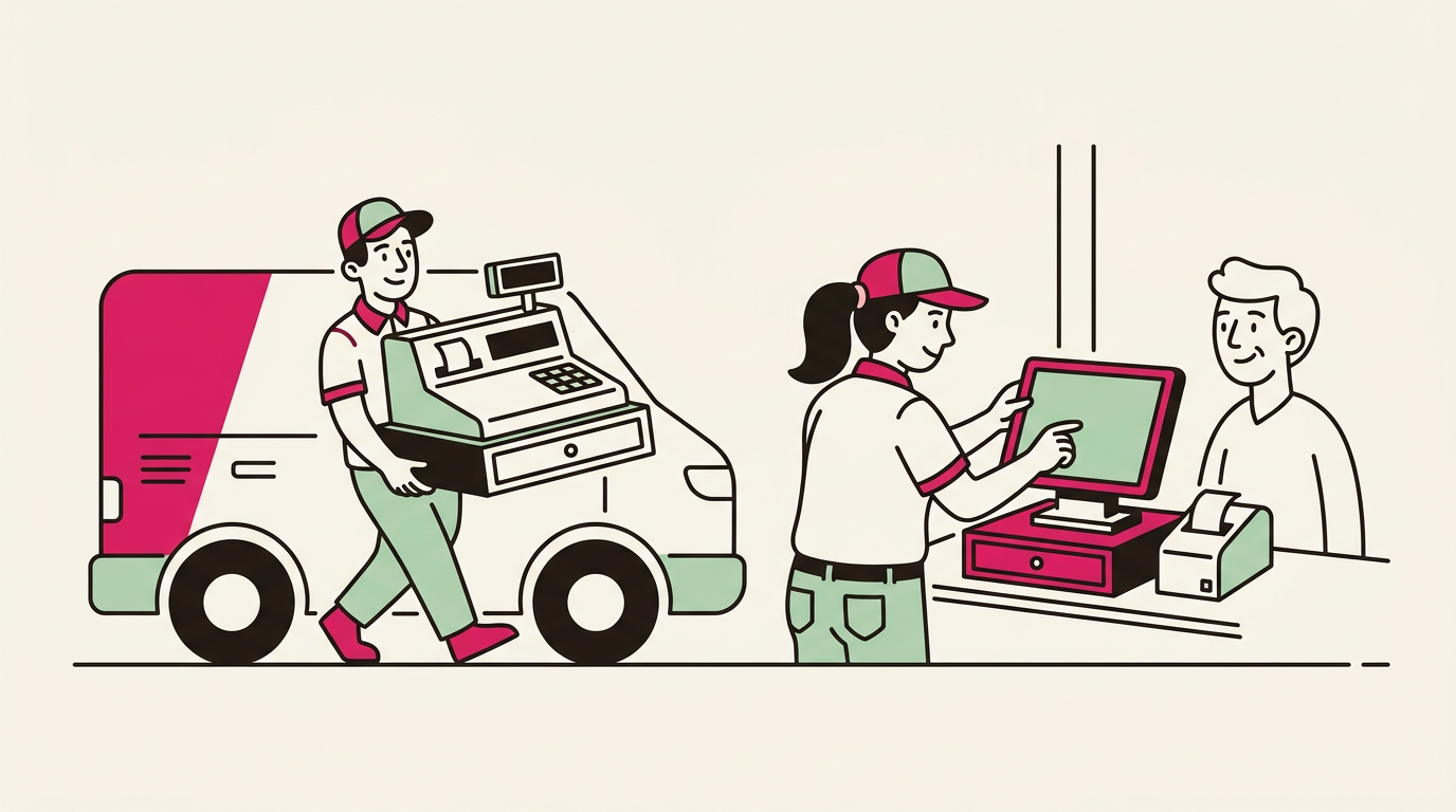 Illustration cartoon, Livraison de votre caisse enregistreuse : Solution Caisse se déplace chez vous