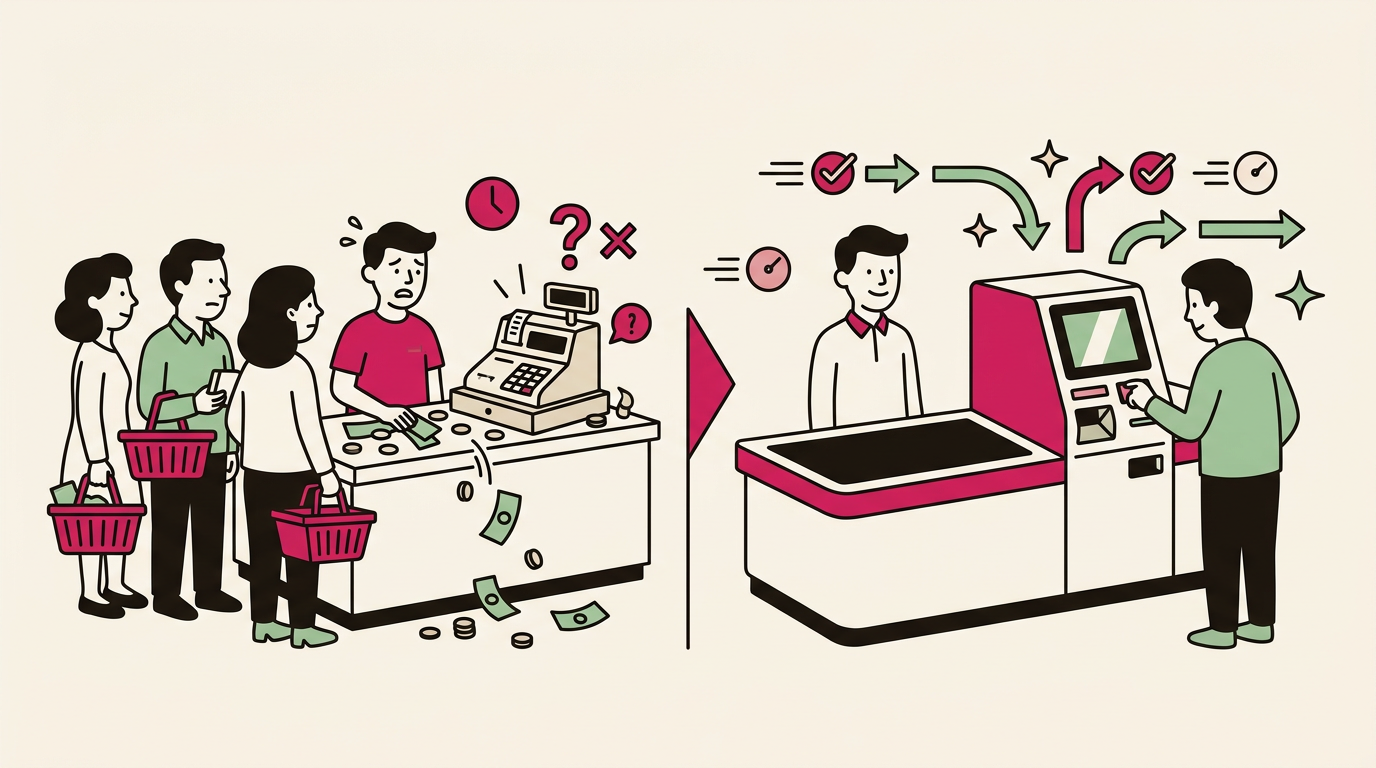 Illustration cartoon, Pourquoi les commerces passent au monnayeur automatique