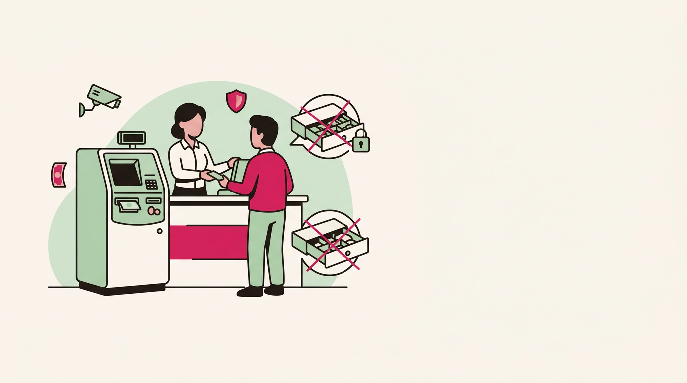 Illustration cartoon, Sécuriser les espèces : le comptoir sans tiroir ouvert