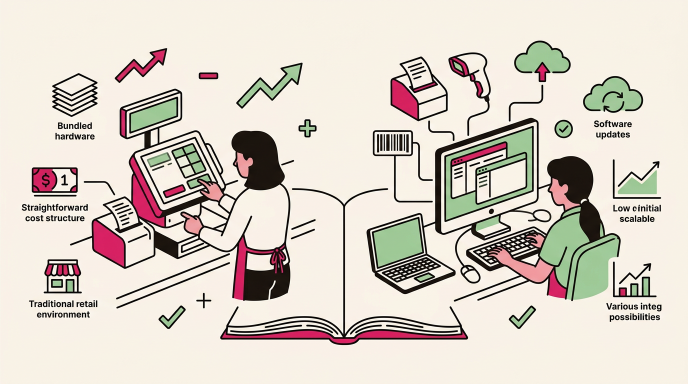 Illustration cartoon, TPV intégré ou logiciel seul sur PC : quel est le meilleur choix ?