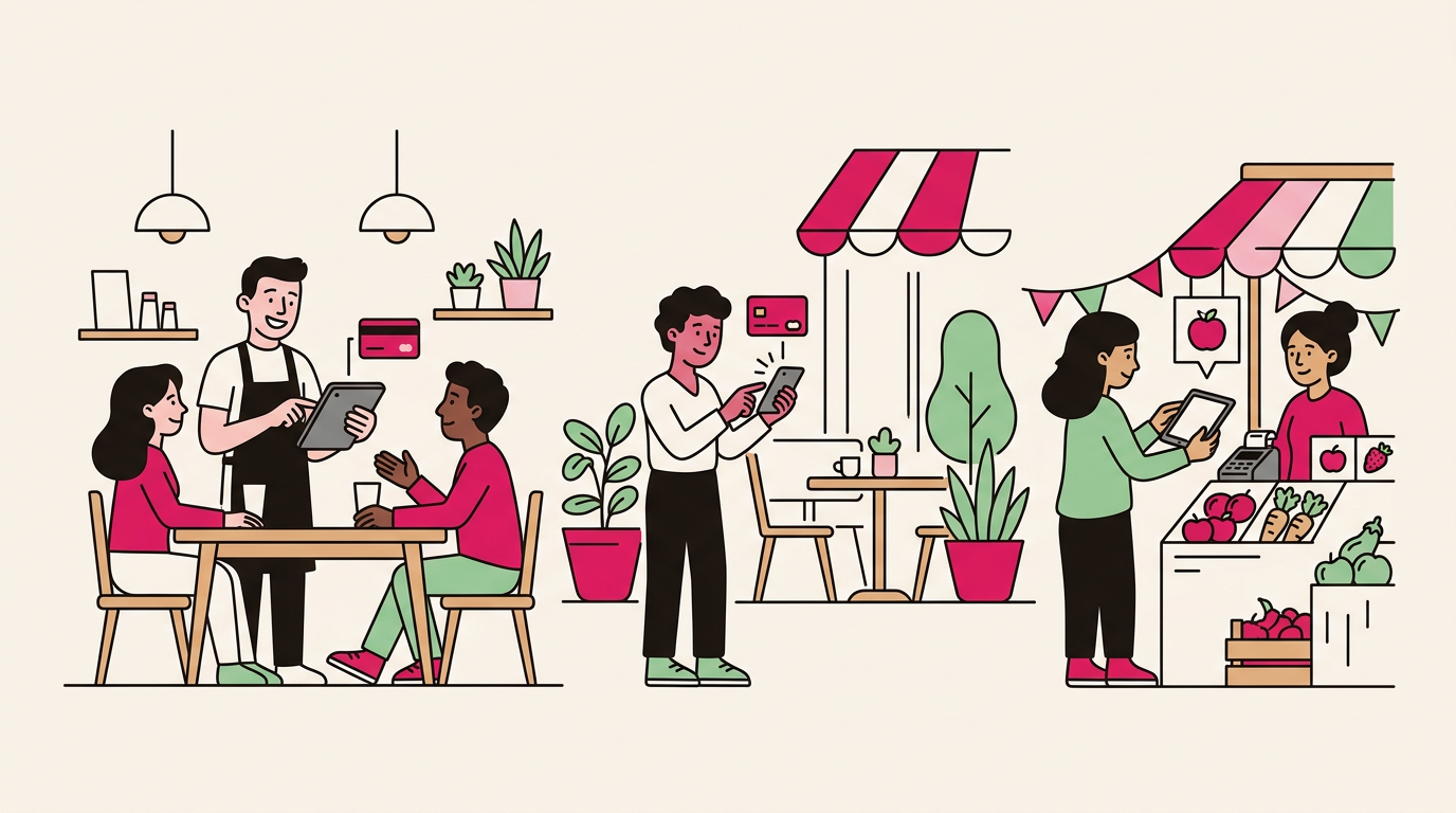 Illustration cartoon, TPV mobile : encaisser partout dans votre établissement